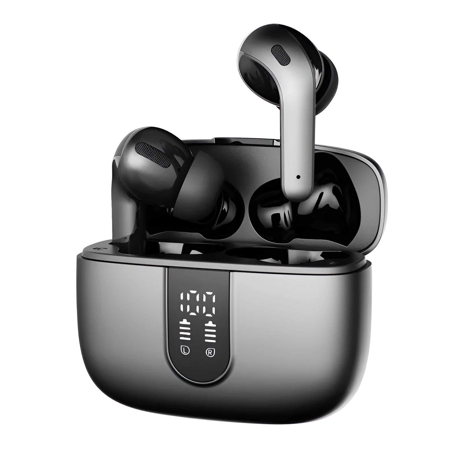 Jerry X08 wireless Bluetooth headset with digital display and charging case in Black, Grey, or White colour options