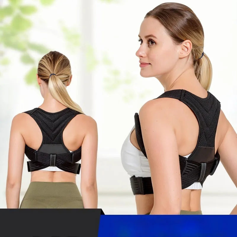 Black adjustable anti-humpback posture correction belt shown on model