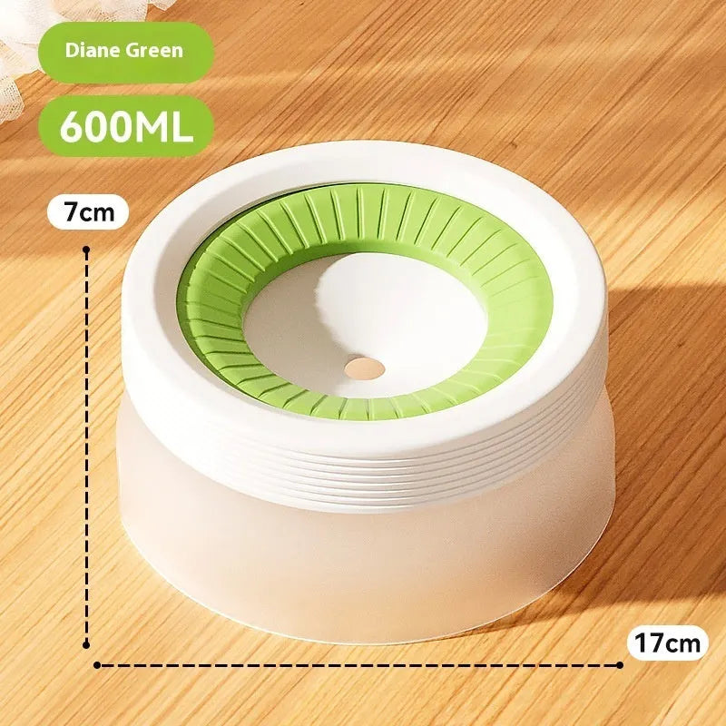 Suspended pet water bowl with non-wet mouth design in green colour showing bowl and base plate