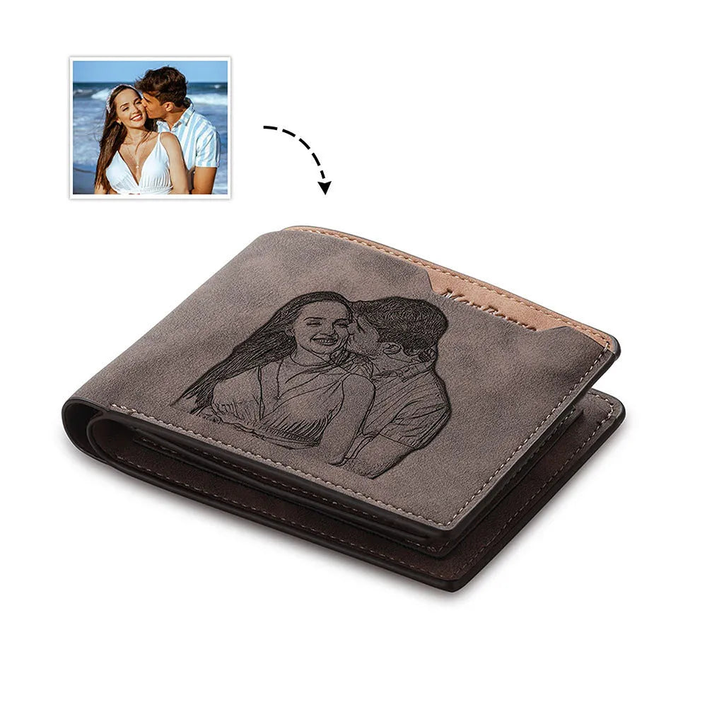 Coffee brown engraved horizontal short wallet showing personalisation and seven interior compartments