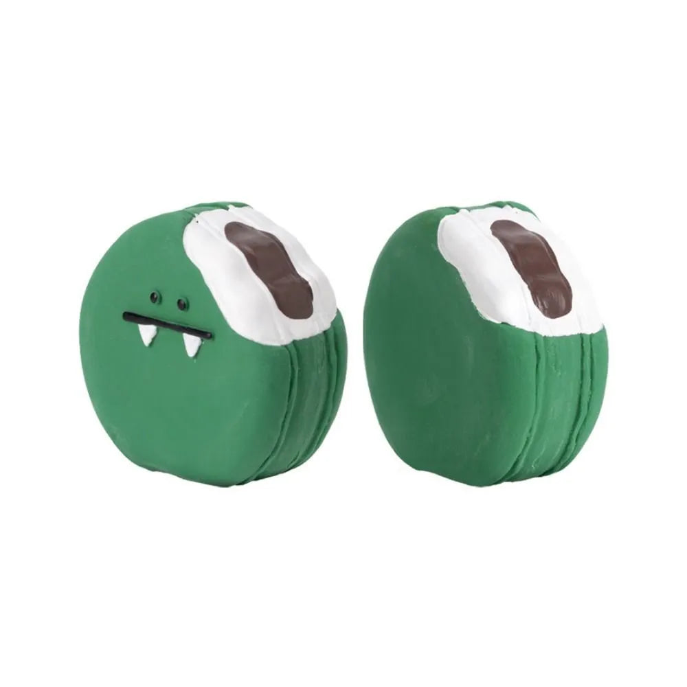 Cartoon pattern latex dog chew toy shaped like bread with egg in yellow and green colours