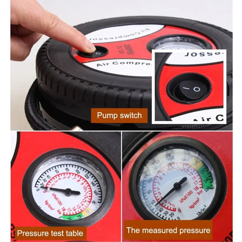 Mini air pump in black ABS casing, dimensions 17x17x6cm, with pressure gauge and power cord