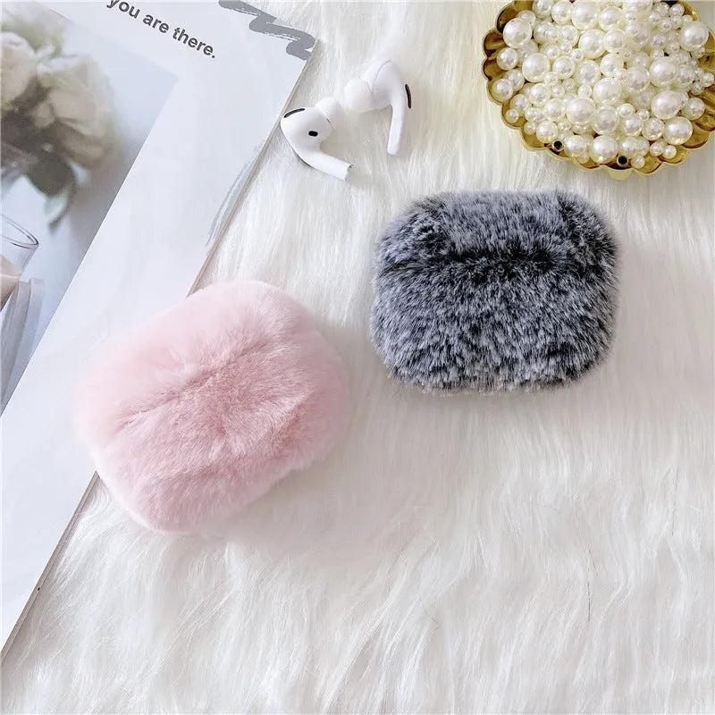Pink plush flip-over earphone protector for Apple AirPods Generation 3 and Pro with simple cartoon style
