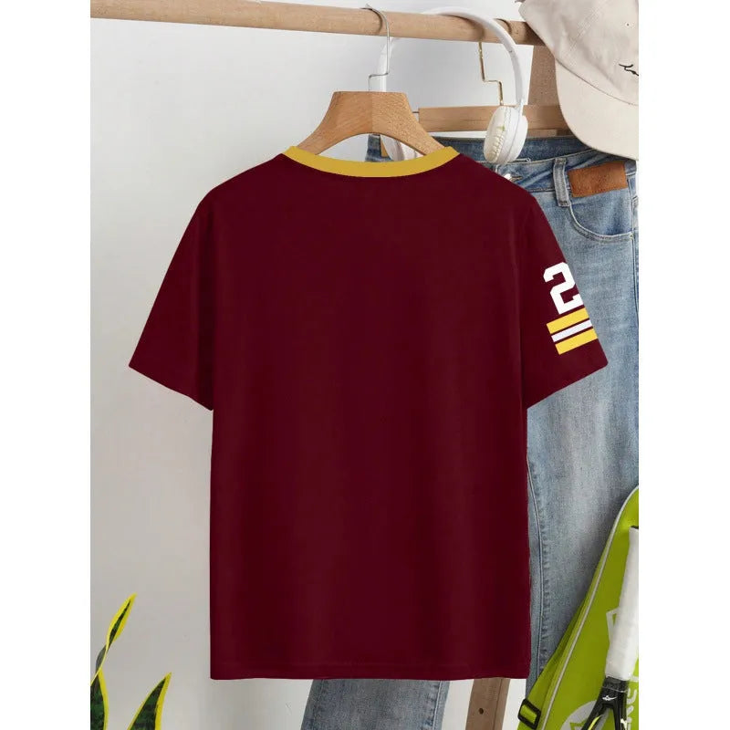 Green and red loose fit cotton T-shirt with white contrast digital letter printing