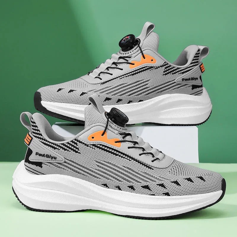 Men's white green rotating buckle Fly-kit mesh sports running shoes with TPU popcorn sole