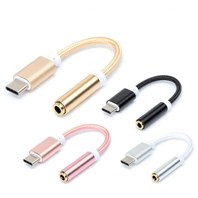 Type-C to 3.5mm headphone adapter cable with 12cm black nylon braiding