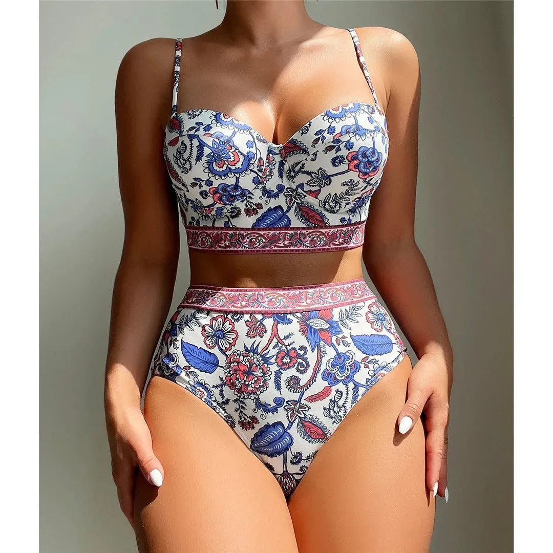 Blue women's high waist push-up bikini swimsuit with adjustable straps