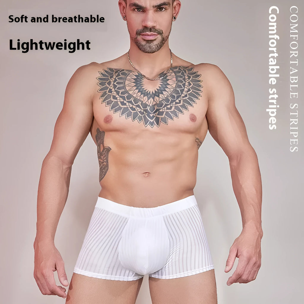 Men's thin striped nylon underwear in black, white, and dark grey colours