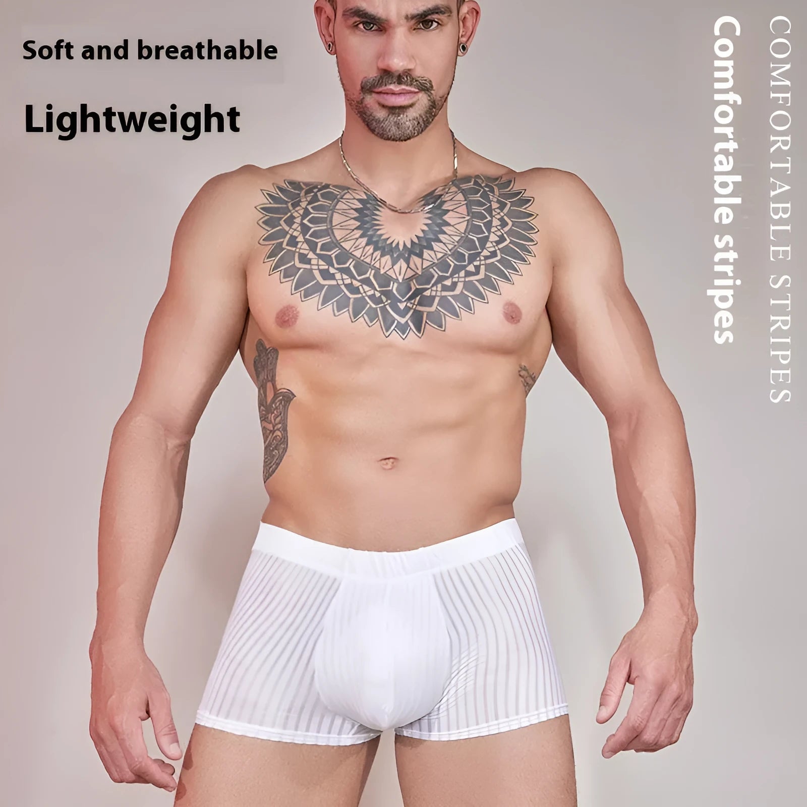 Men's thin striped nylon underwear in black, white, and dark grey colours