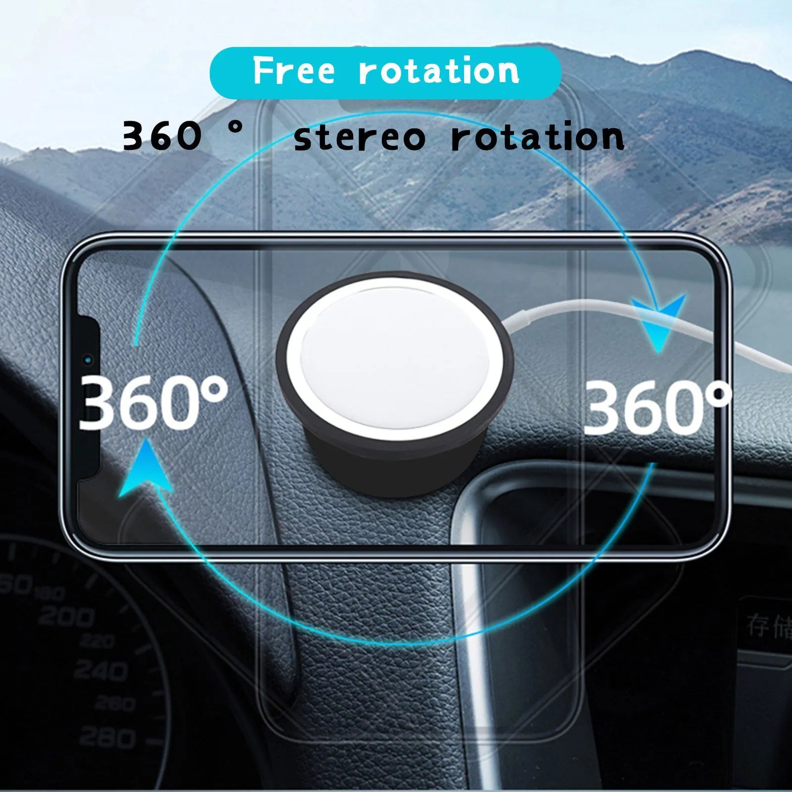 Black magnetic mobile phone car holder with snap-in design showing dual mounting options