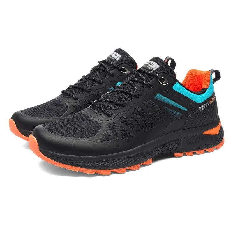 Men's black breathable mesh outdoor running shoes with round toe and lace-up closure