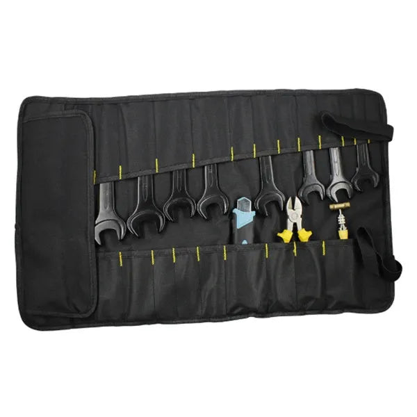 Portable multifunctional reel type hardware tool bag in 600D Oxford cloth, rolled up with buckle closure