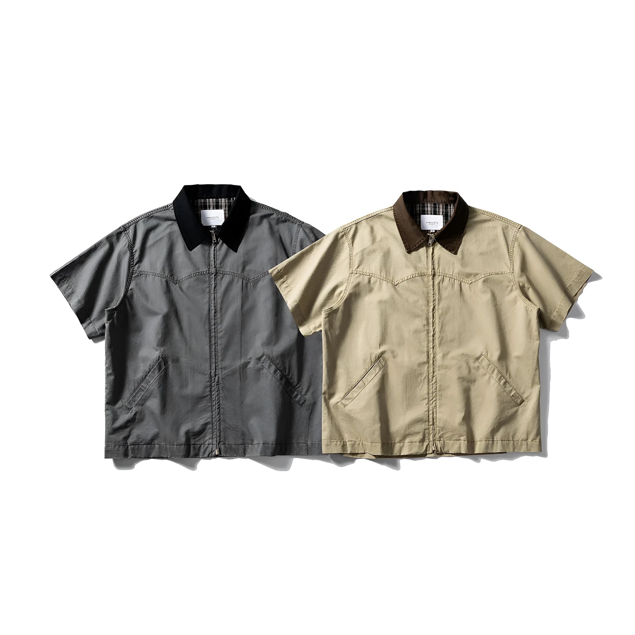 Washed cotton overalls shirt in short sleeve cardigan style, khaki colour, loose fit