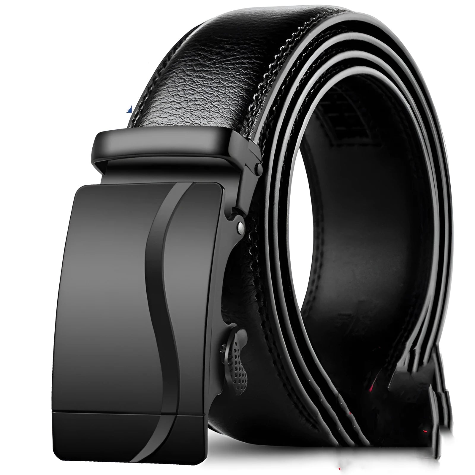 Men's leather belt with automatic buckle, cowhide body, 3.5cm width, black surface finish, size 115cm