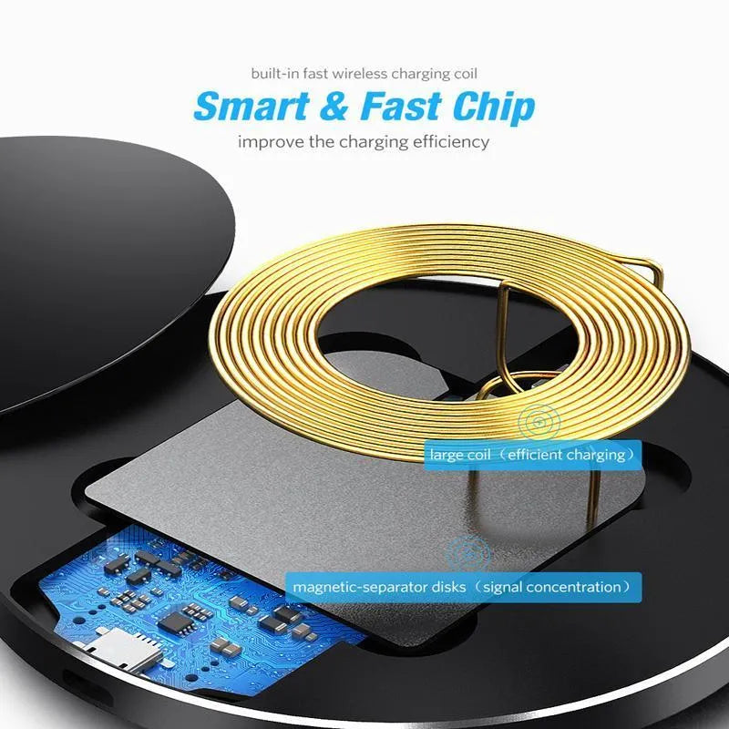 Black ultra-thin wireless fast charging pad with 98mm square dimensions for smartphone charging