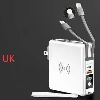 Black and white 10000mAh power bank with wireless charging, a fold-out plug, and international travel adapters.