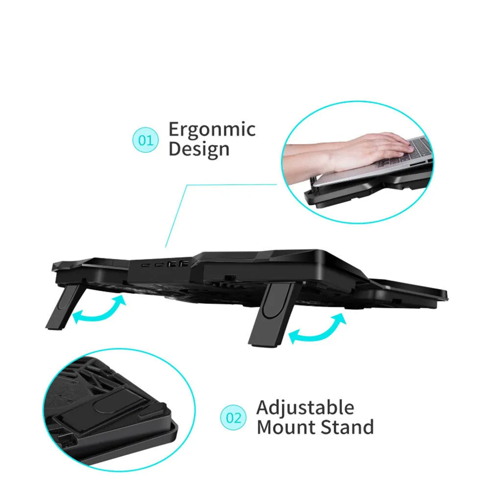 Blue laptop cooling base with four LED fans and two USB ports for computer heat dissipation