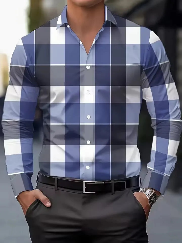 Men's printed long sleeve button-up shirt with lapel collar and striped pattern in polyester fabric