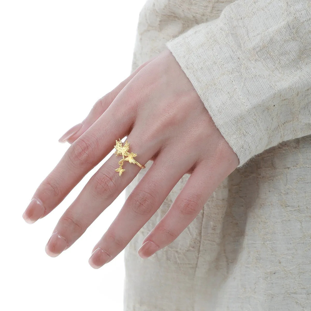 Adjustable silver ring with detailed butterfly design in white gold or 18K gold finish