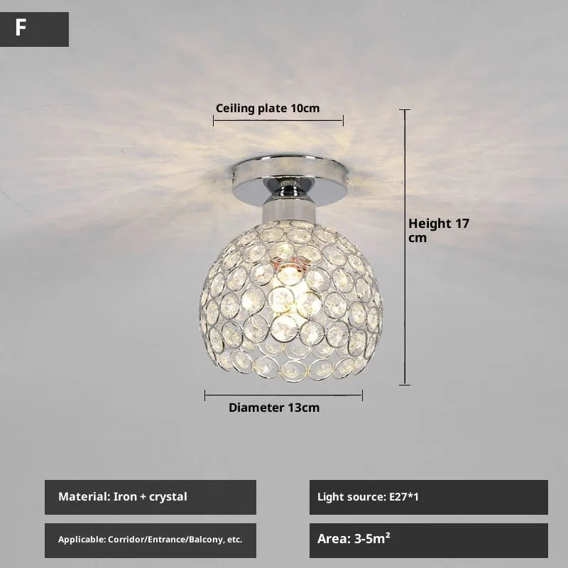 Modern minimalist balcony ceiling lamp with LED three-colour light and gold crystal finish on white ceiling