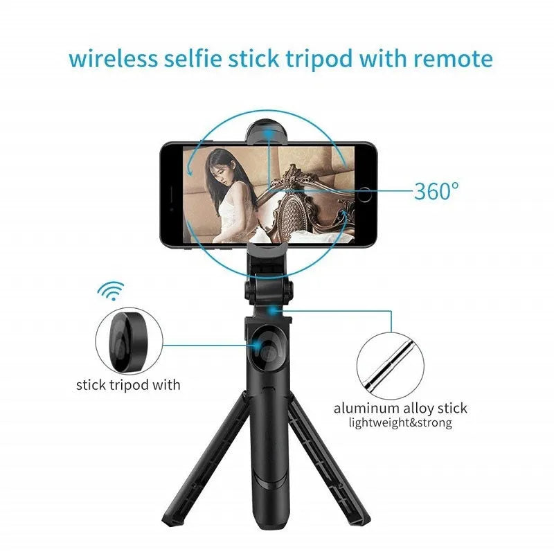 Bluetooth handheld selfie stick in black with extended arm and smartphone holder, remote control support