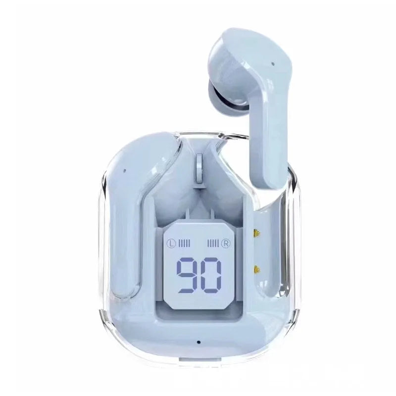 Jerry chip true wireless Bluetooth headphones in a transparent space capsule case, colour options shown