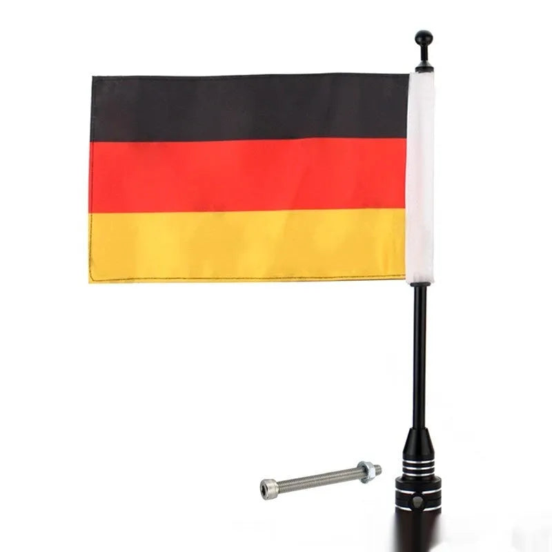 Motorcycle luggage rack flagpole for side box bumper mounting in black and silver finish options