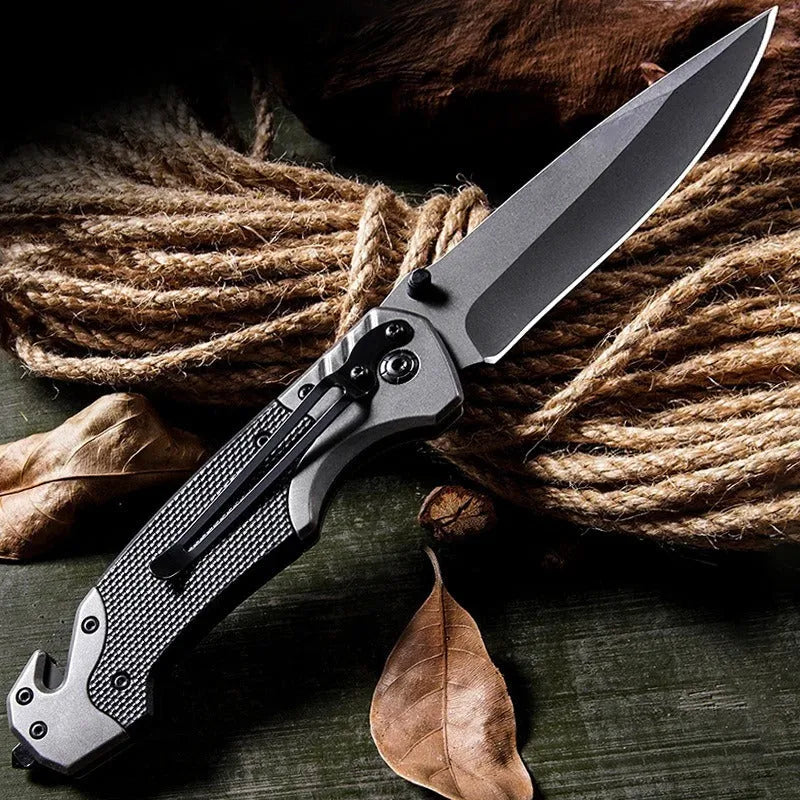 Alloy folding knife with blade extended showing 60-degree tip angle and 115mm handle