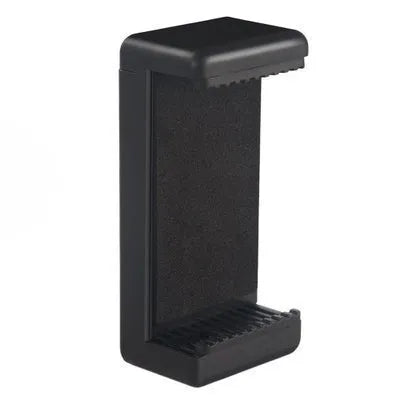 Black plastic phone holder with rotating clamp on a desk
