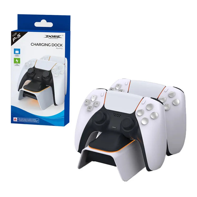 White PS5 dual controller charger with ABS body and UK plug charging two wireless gamepads