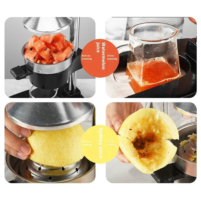 Tall black cast iron manual citrus juicer with stainless steel strainer on a kitchen counter.