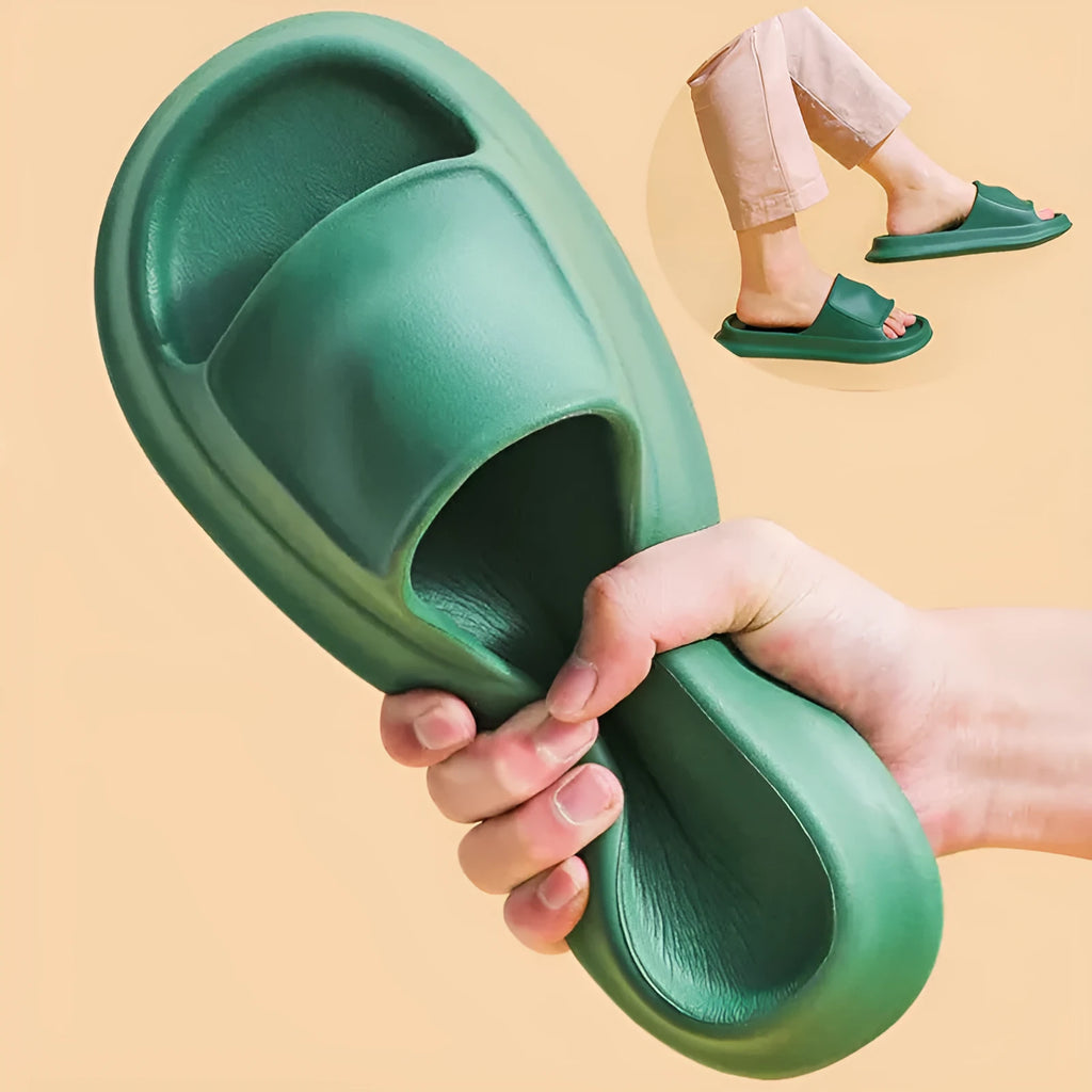 Soft EVA flip-flop slippers with thick sole in multiple colours on a white background.