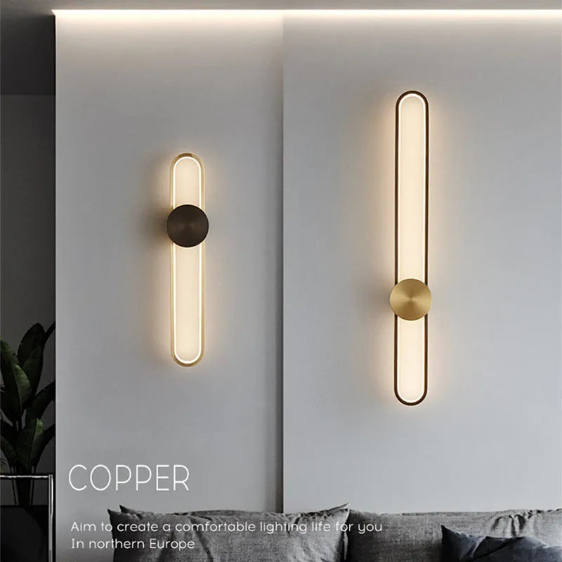 Modern minimalist wall lamp with iron shade and LED light in black or gold frame finish