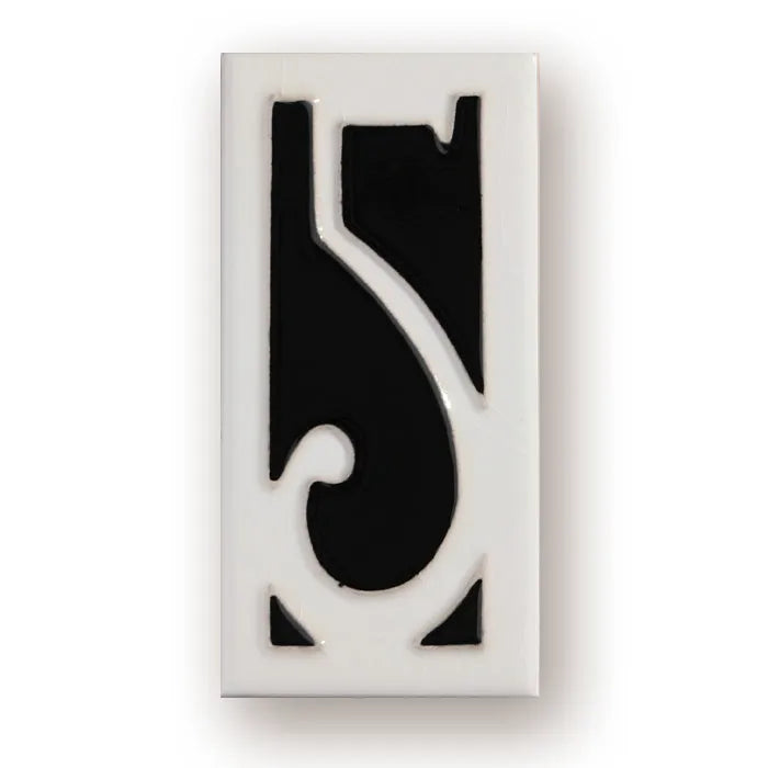 Handmade retro-style ceramic doorplate with a white enamel background and a raised black number 5, shown at 76mm by 152mm.