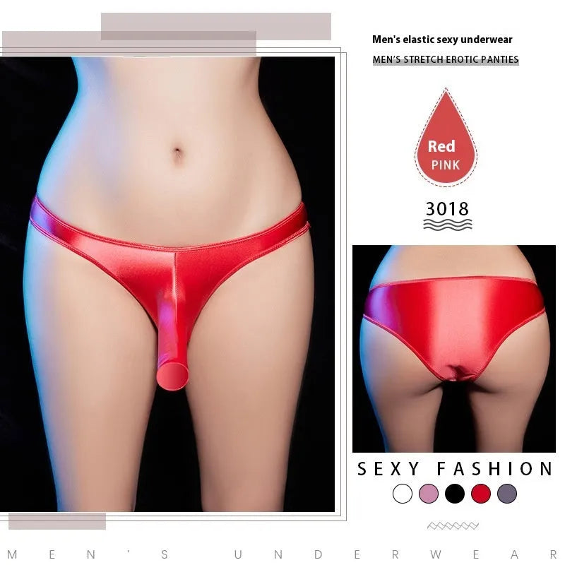 Men's shiny nylon low waist T-back underwear on white background