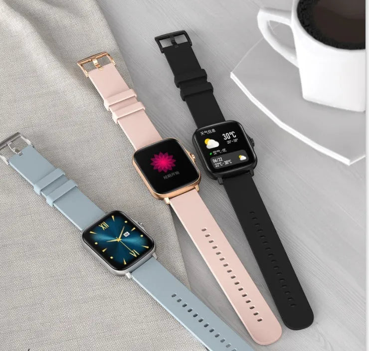 Smart watch with 1.7-inch colour touch screen showing fitness metrics on black strap