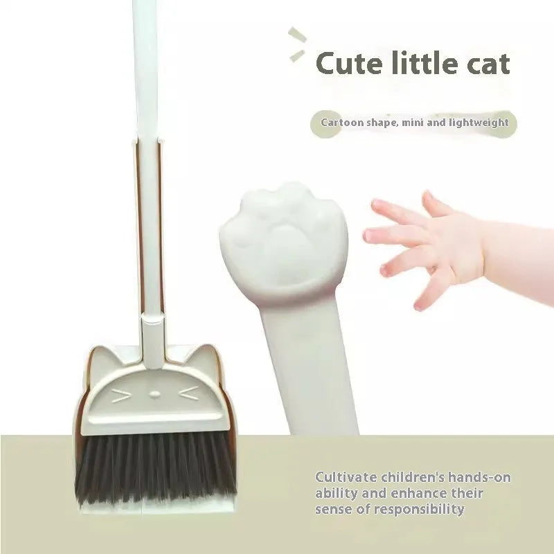Purple, green, and beige plastic broom and dustpan set with rotating holder.