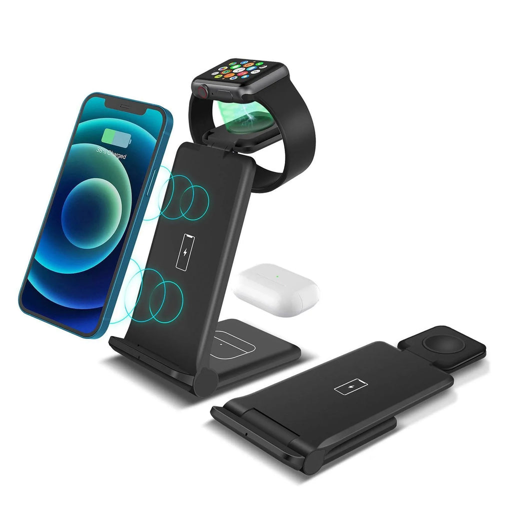 Black and white 3-in-1 foldable wireless charging station for phones AirPods and Apple Watch