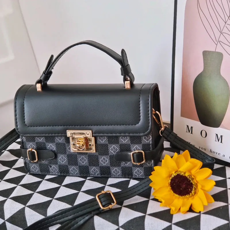 PU leather retro square pattern crossbody bag with floral decoration and file organisation compartment