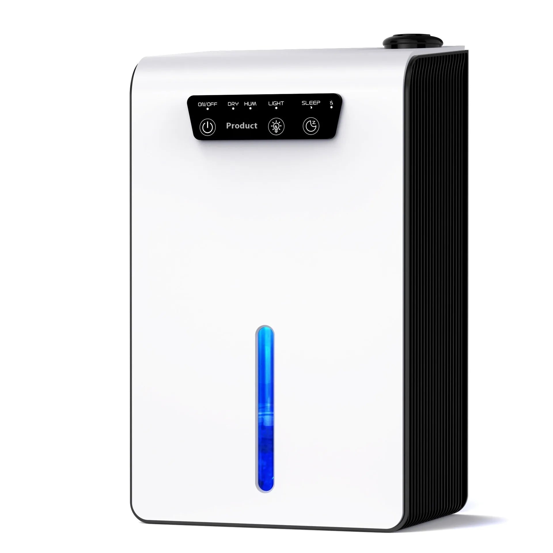 Milky white compact dehumidifier for bedroom use with quiet operation and 4 litre reservoir capacity