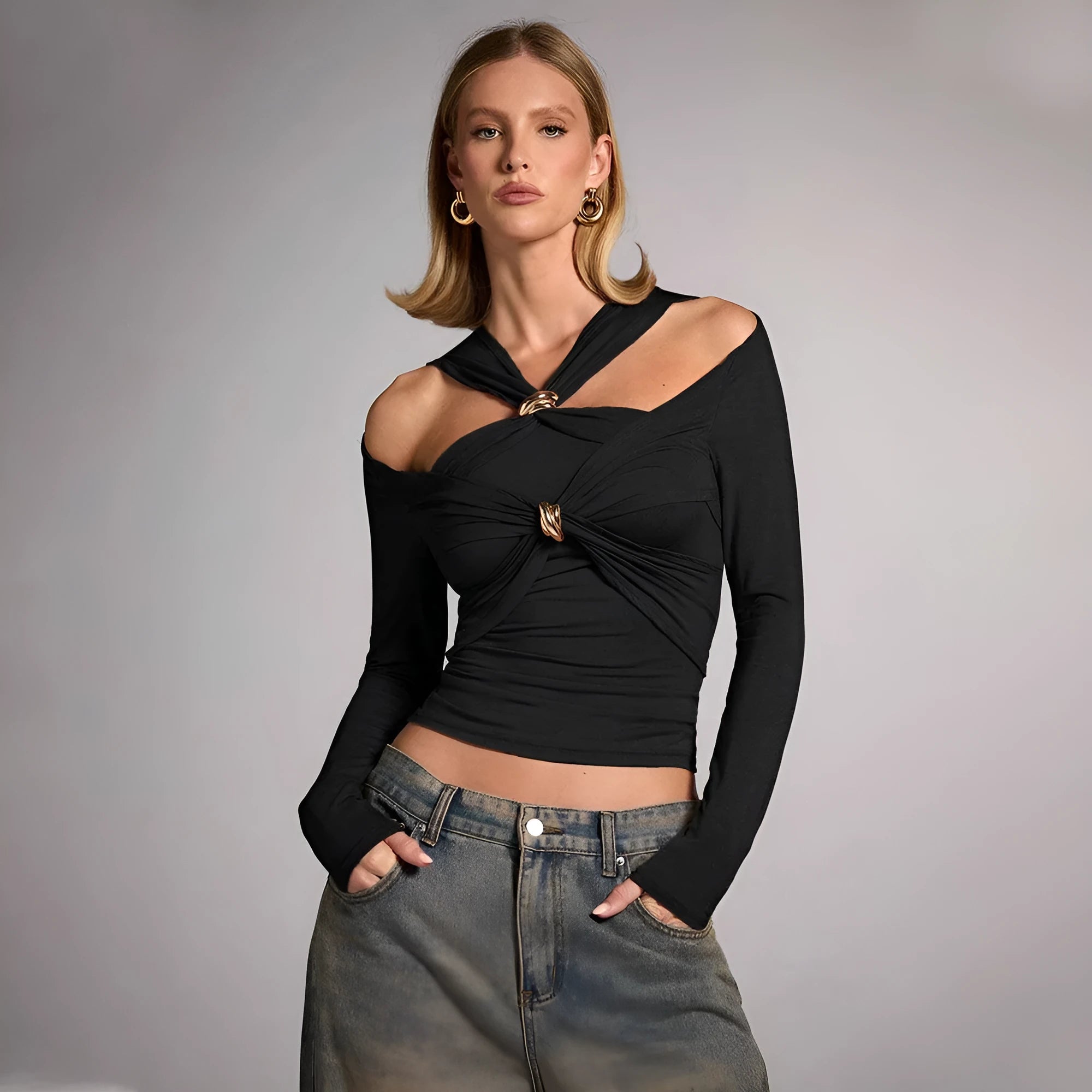 Black women's slim fit halter top with strapless shoulder-baring design.