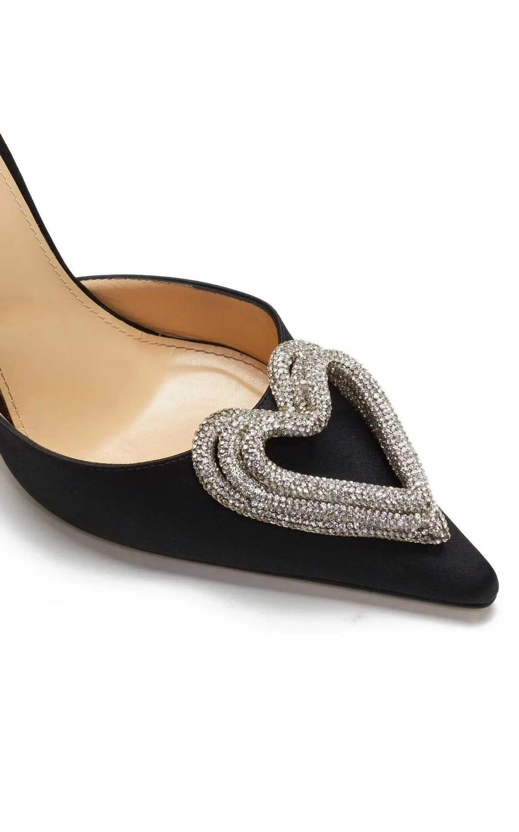 Women's pointed toe sandals with heart rhinestone on satin strap, rubber sole.