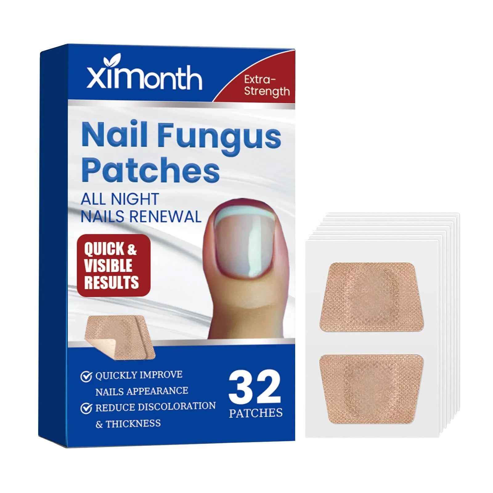 Box of 32 nail repair adhesive bandage patches for damaged nail care, 6.1x3.5cm each.
