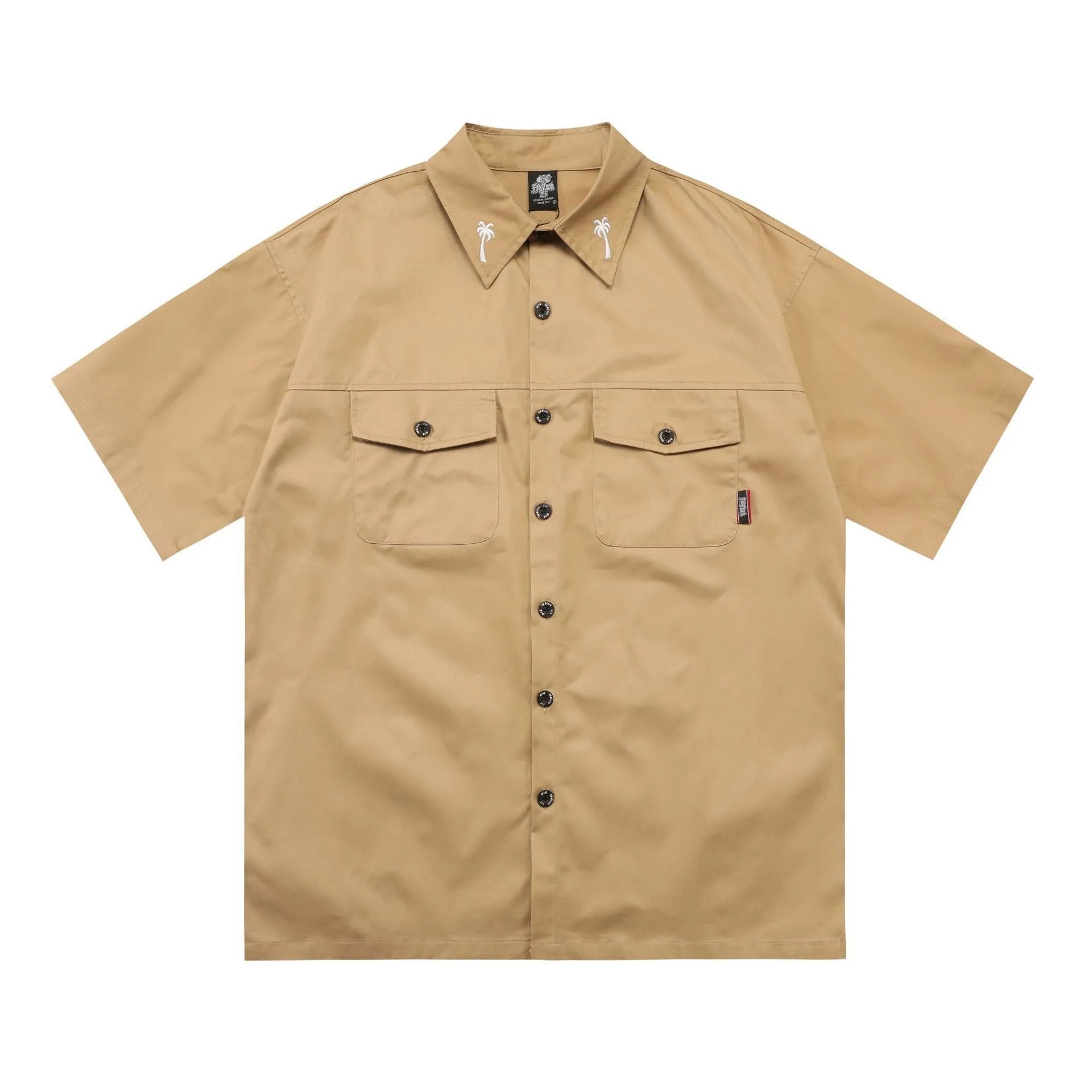 Men's black plus-size loose fit work shirt with a chest pocket and embroidered detail on the sleeve.