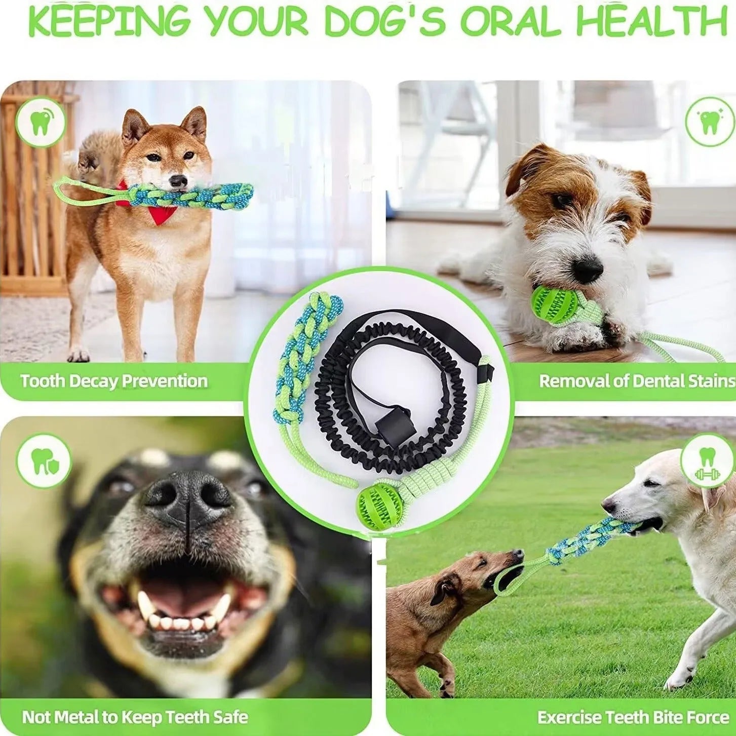 Green cotton dog tug rope toy with corncob chewable element for indoor outdoor bite play