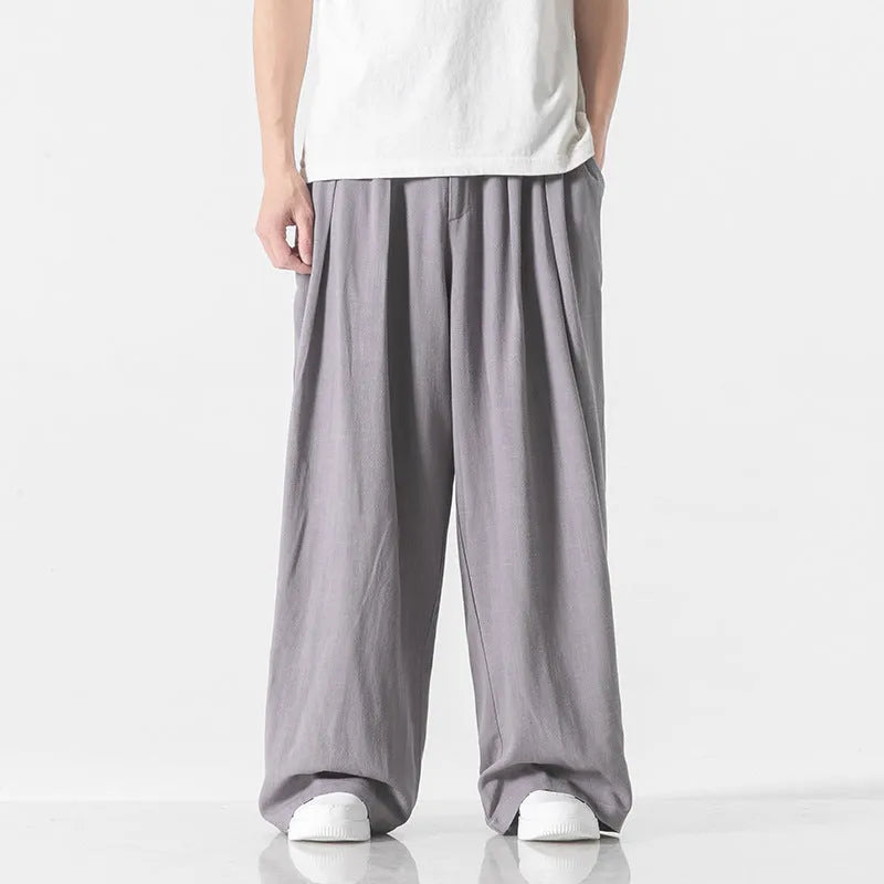 Men's linen straight casual trousers in beige, drawstring waist, crumple texture, full length view