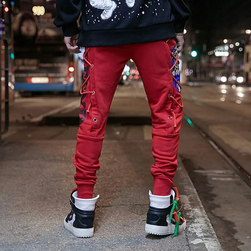 Cotton rope harem pants for men with cartoon hip hop print in black loose fit streetwear trousers