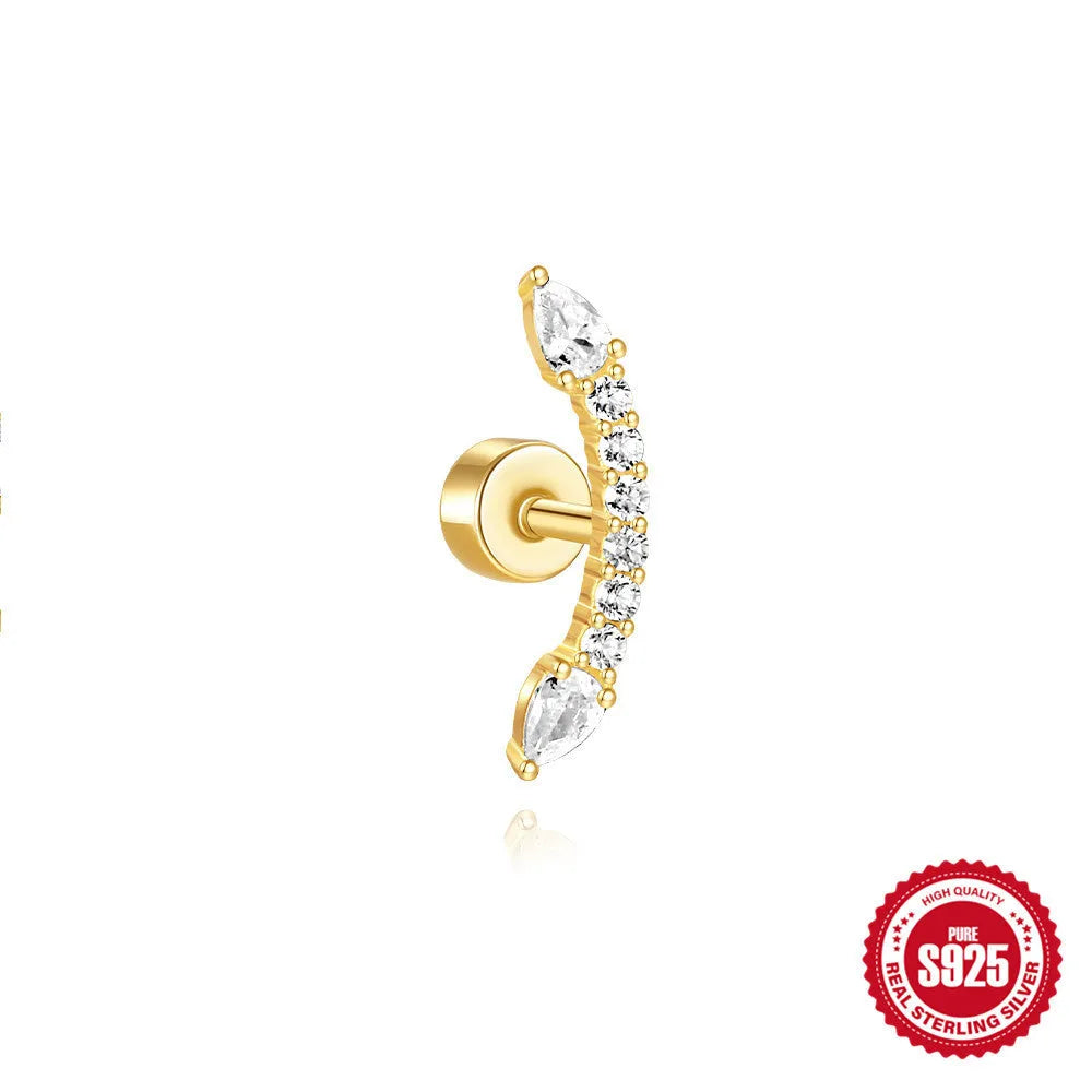 S925 sterling silver flat column threaded ear bone studs with butterfly clasp in a gold electroplated finish.