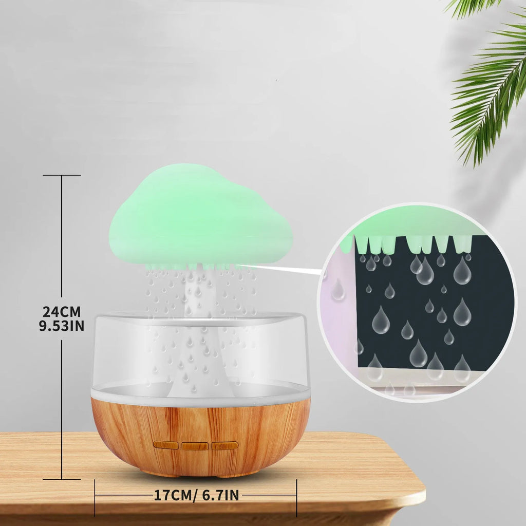 White raining cloud shaped humidifier with colour changing night light and water droplet mist
