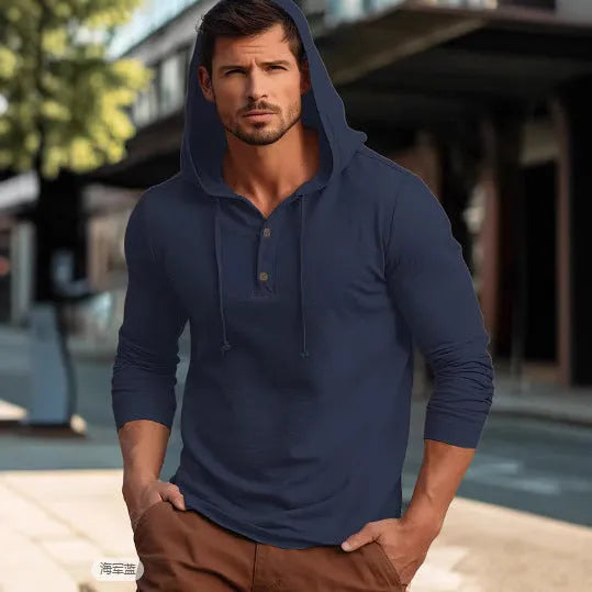 Men's cotton hooded sweatshirt in dark blue with pullover design and long sleeves